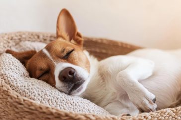 Liten hund ligger sammenkrøllet i en myk hundeseng med høye kanter