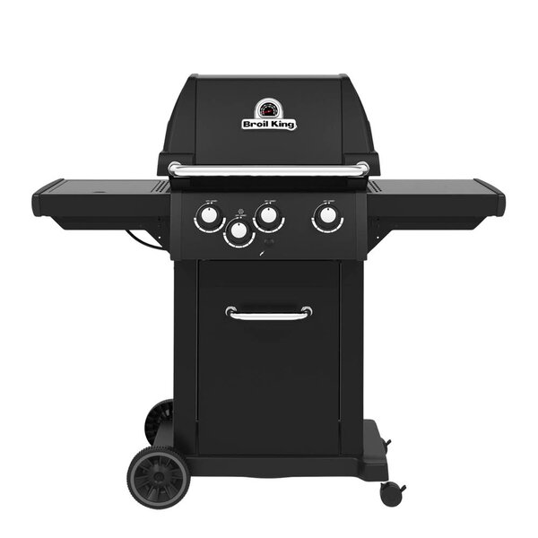 Sort gassgrill fra Broil King med tre brennere og sidebrenner