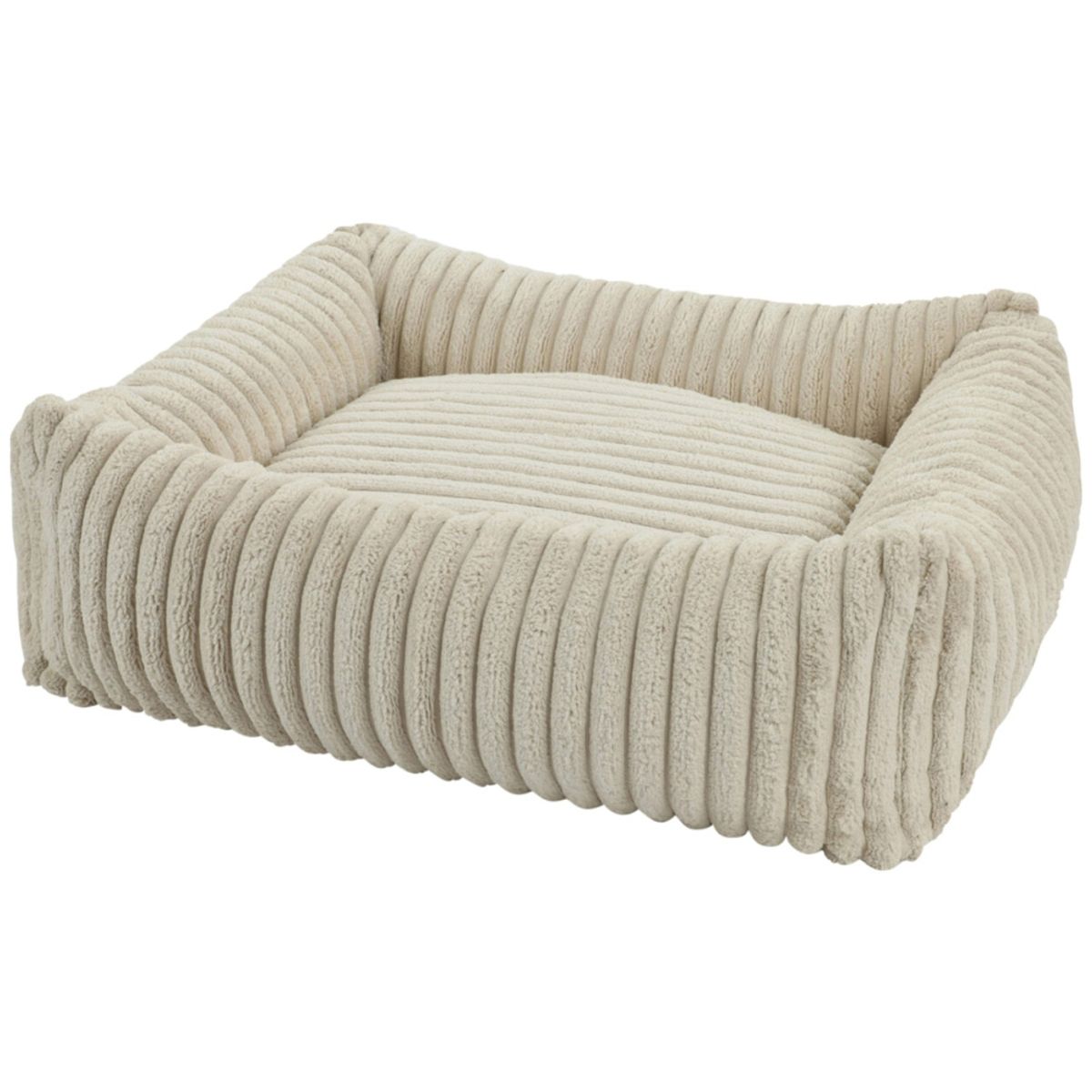Lys beige hundeseng i ribbet fløyelsstoff med rund, polstret kant og myk innerpute.