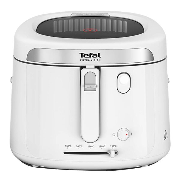 Hvit airfryer i metall med stort vindu i lokket og kontrollpanel foran.
