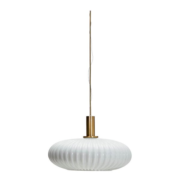 Taklampe med håndlaget rillet offwhite glass og messingdetaljer
