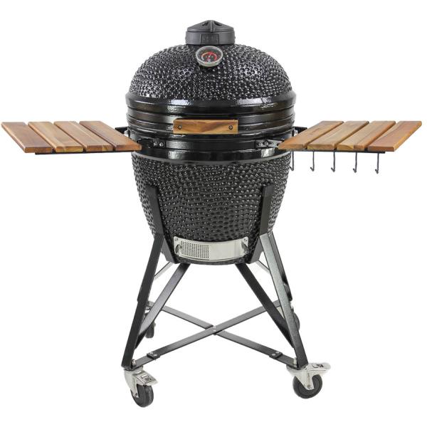 Keramisk kamadogrill i svart med flere grillnivåer