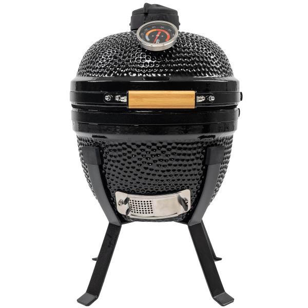 Liten sort keramisk kamadogrill med ventiler og termometer