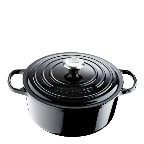 Rund emaljert støpejernsgryte i svart fra Le Creuset