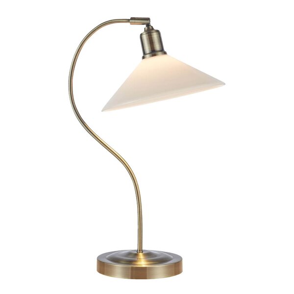 Bordlampe i antikkmessing med blank hvit glasskjerm