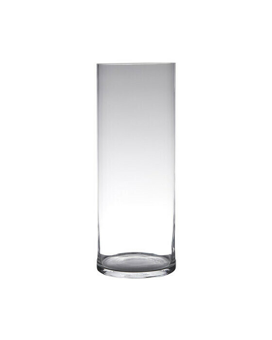 Sylindrisk vase i klart glass med rett form, bred åpning og en høyde på 50 cm.