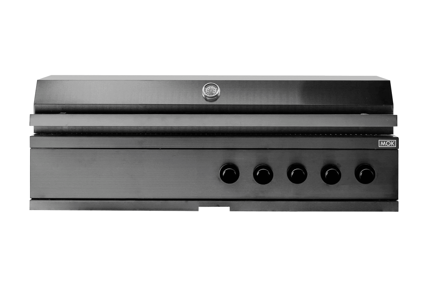 Svart integrerbar gassgrill med fem brennere, utformet for å bygges inn i et utekjøkken