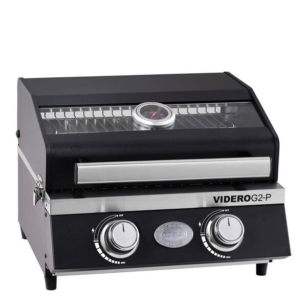 Kompakt svart gassgrill med to brennere og lokk