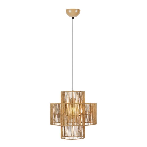 Rund taklampe i naturfarget, ubehandlet jute med synlig flettet struktur