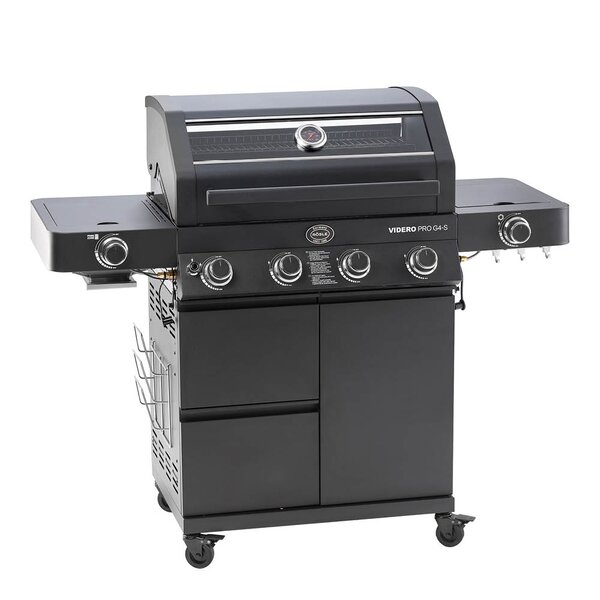 Svart gassgrill med lukket vogn, glasslokk, nedfellbare sidebord og hjul med gummidekk