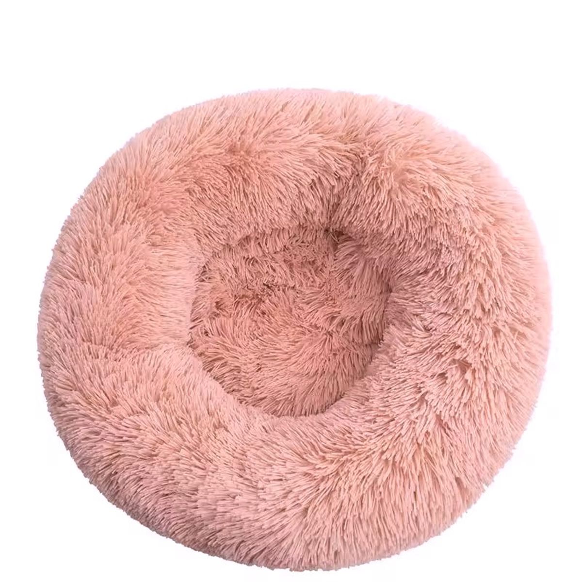Rund, rosa plysjseng formet som en donut, med jevn, høy kant hele veien rundt