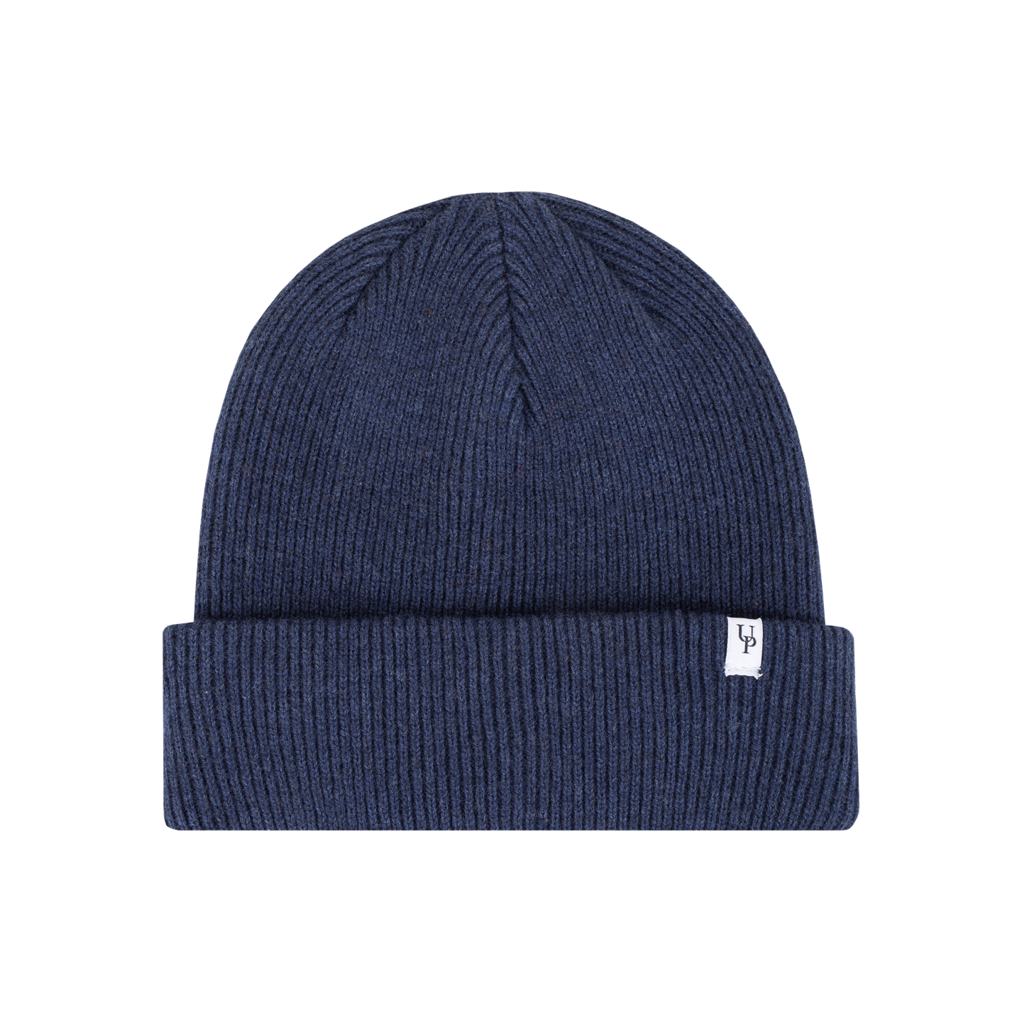 Marineblå beanie i ull og nylon, tettsittende og uten mønster eller dusk.