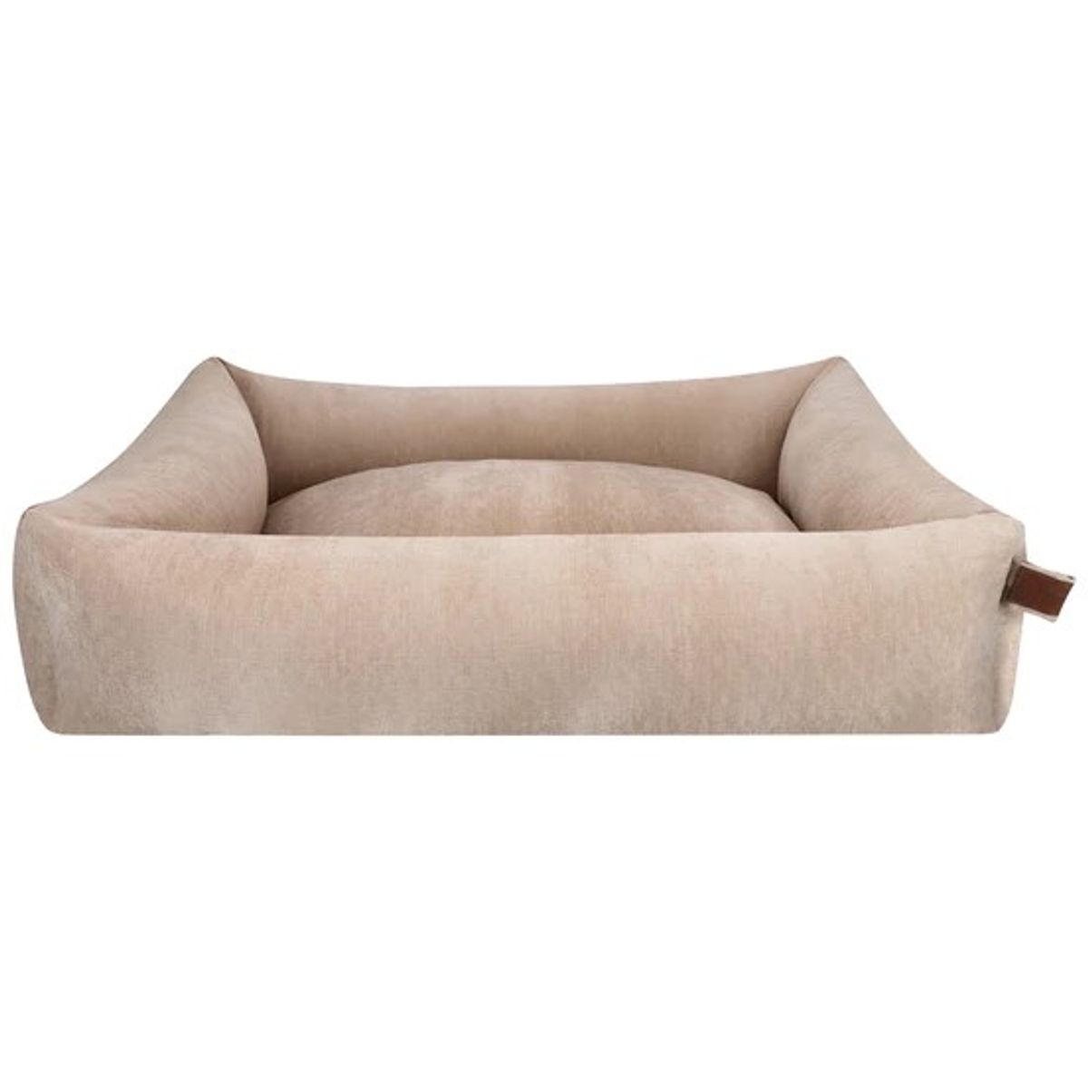Beige hundeseng med polstret kant på alle fire sider og skinnmerke.