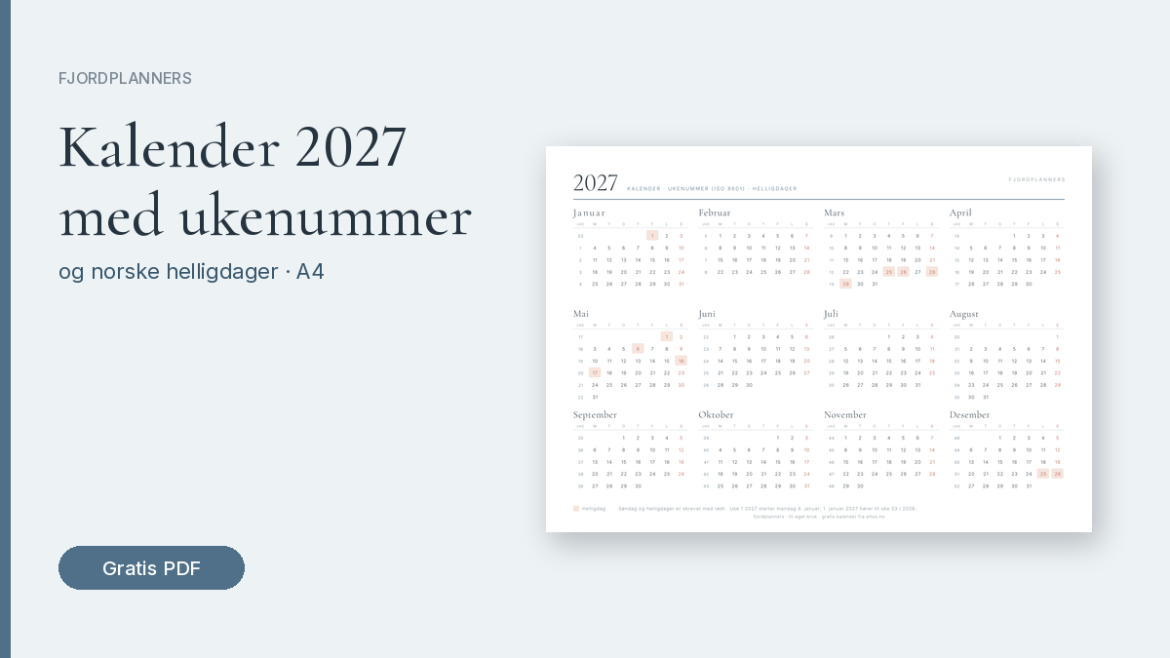 Kalender 2027 med ukenummer og helligdager (gratis PDF)