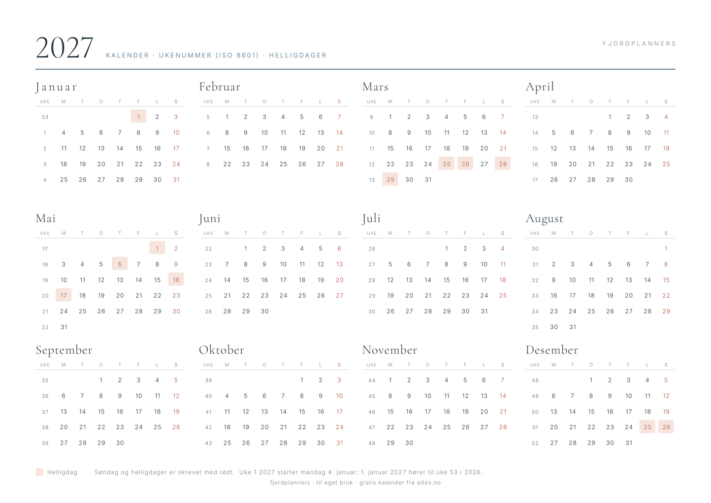Kalender 2027 på én A4-side med ukenummer og røde helligdager.