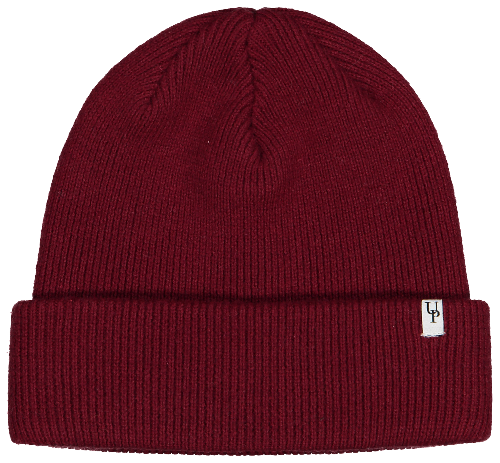 Rund, tettsittende lue i cabernetrød ullblanding, onesize.